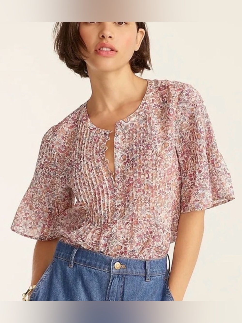 J Crew Silk Cotton Voile Pintuck Top Floral Med Pink Mauve Short Sleeve Blouse